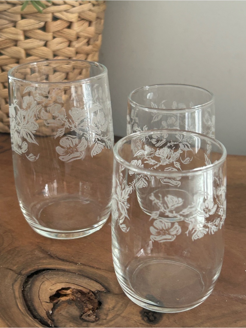 Small clear Juice Glasses with White Floral Etching - qty 3 vintage